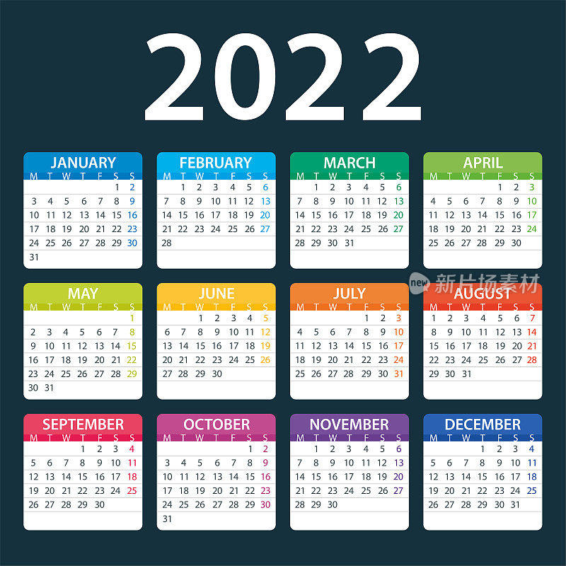 日历2022 -彩色矢量插图。星期一开始上课。暗的背景
